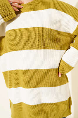 Yatay Kalın Çizgili Triko Tunik Yağ Yeşili - Tunik