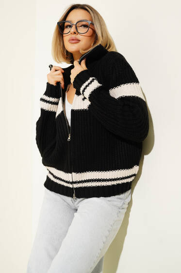 Yatay Şerit Çizgili Triko Kısa Hırka Siyah - Kadın Giyim Modelleri