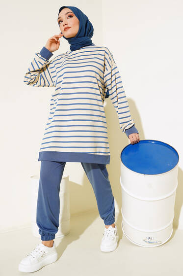 Yatay Şeritli İki İplik Takım İndigo - İkili Takım