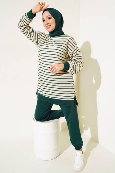 Yatay Şeritli İki İplik Takım Zümrüt Yeşil - İkili Takım