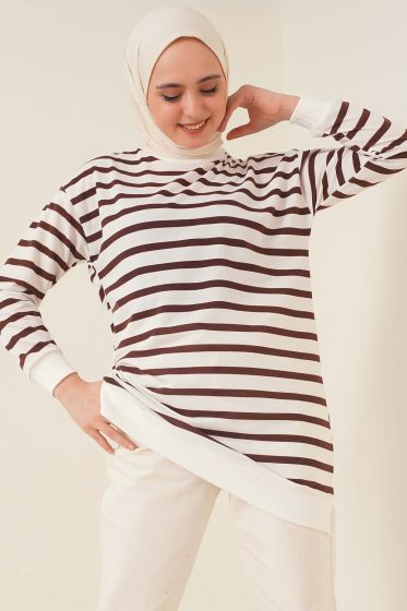 Yatay Şeritli Tunik Kahve - Tunik