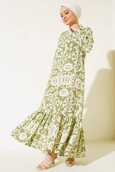 Yaz Damgaları Serisi Elbise Çağla Yeşili - Tesettür Elbise