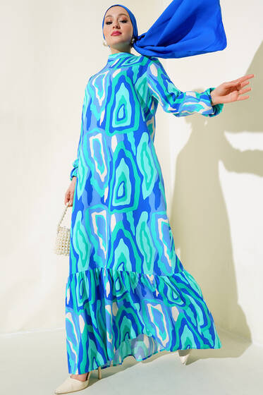Yaz Damgaları Serisi Elbise Mavi Yeşil - Elbise