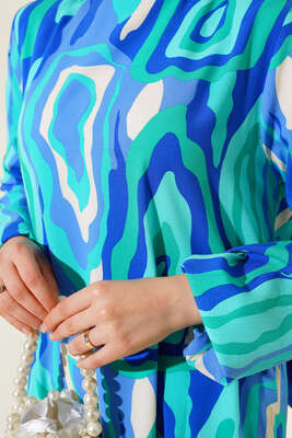 Yaz Damgaları Serisi Elbise Mavi Yeşil - Thumbnail