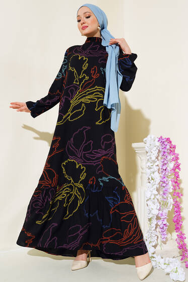 Yaz Damgaları Serisi Elbise Siyah Kiremit - Elbise