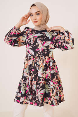 Yaz Desenleri Serisi Tunik Siyah Fuşya 