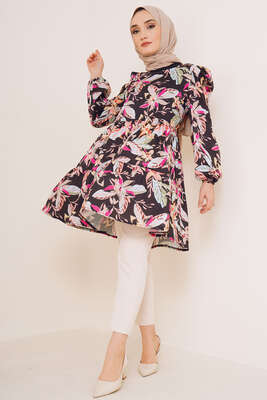 Yaz Desenleri Serisi Tunik Siyah Fuşya - Tunik