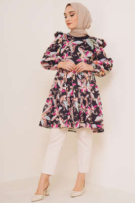 Yaz Desenleri Serisi Tunik Siyah Fuşya - Tunik