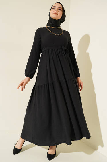 Kat Kat Bürümcük Elbise Siyah - Tesettür Elbise