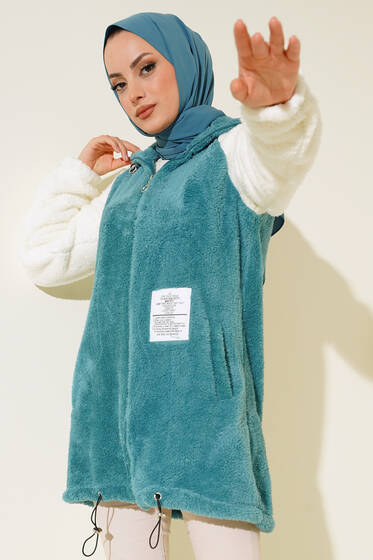 Yazı Armalı Peluş Hırka Petrol - Hırka