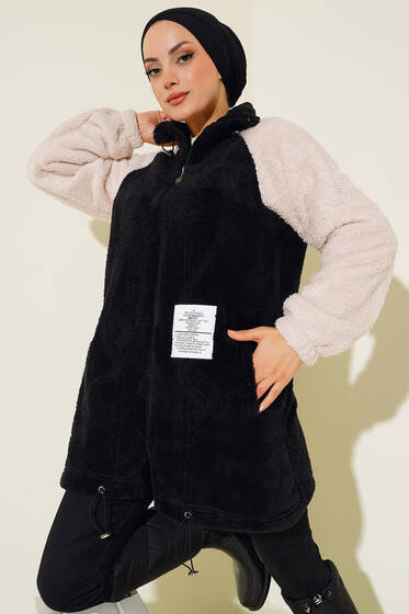 Yazı Armalı Peluş Hırka Siyah - Hırka