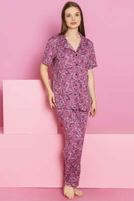 Yazı Baskılı Kısa Kol Düğmeli Pijama Takımı Menekşe - HEPYEK BASIC