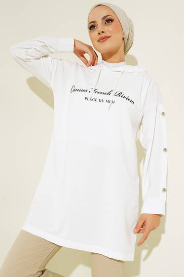Yazı Baskılı Kolları Düğmeli Tunik Beyaz - Tunik