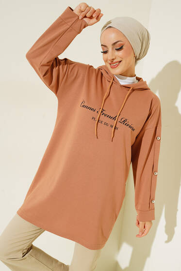 Yazı Baskılı Kolları Düğmeli Tunik Camel - Tunik
