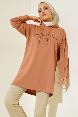 Yazı Baskılı Kolları Düğmeli Tunik Camel - Tunik
