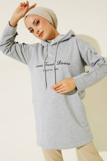 Yazı Baskılı Kolları Düğmeli Tunik Gri - Tunik