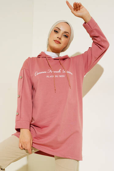 Yazı Baskılı Kolları Düğmeli Tunik Gül Kurusu - Tunik