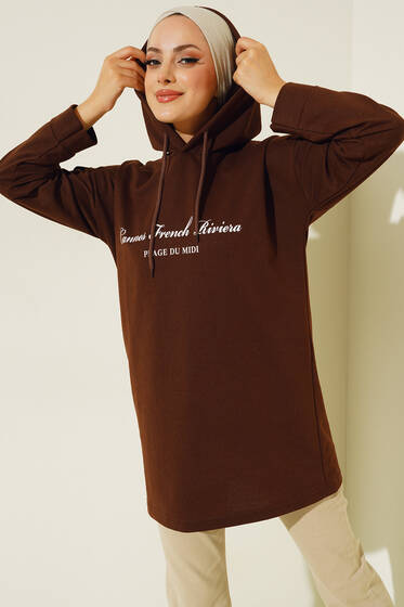 Yazı Baskılı Kolları Düğmeli Tunik Kahve - Tunik