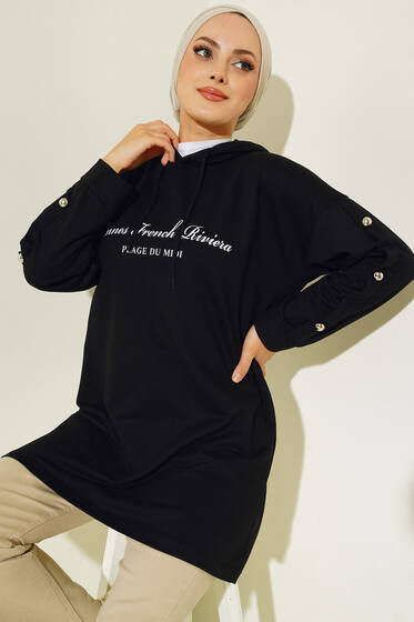 Yazı Baskılı Kolları Düğmeli Tunik Siyah - Tunik