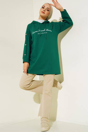 Yazı Baskılı Kolları Düğmeli Tunik Zümrüt Yeşil - Tunik