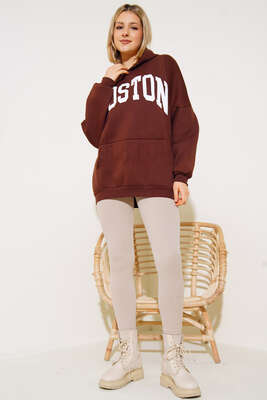 Yazı Baskılı Oversize Sweatshirt Kahve - Kadın Giyim Modelleri