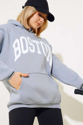 Yazı Baskılı Oversize Sweatshirt Kayrak Grisi - Kadın Giyim Modelleri