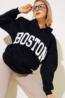 Yazı Baskılı Oversize Sweatshirt Siyah 