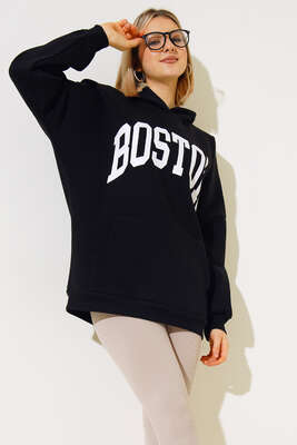 Yazı Baskılı Oversize Sweatshirt Siyah - Kadın Giyim Modelleri