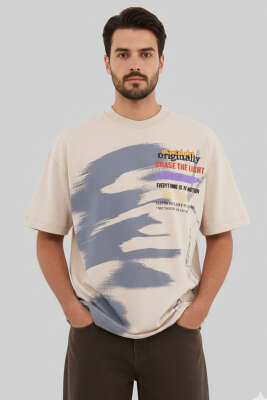 Yazı Baskılı Salaş Erkek T-shirt Bej - MACINIST