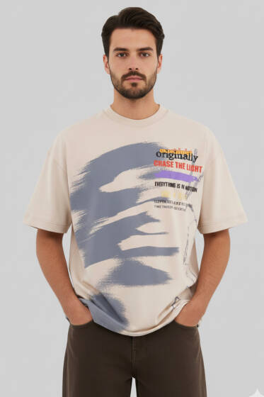 Yazı Baskılı Salaş Erkek T-shirt Bej - Erkek T-shirt