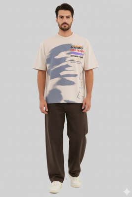 Yazı Baskılı Salaş Erkek T-shirt Bej - Erkek T-shirt