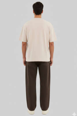 Yazı Baskılı Salaş Erkek T-shirt Bej - Erkek T-shirt