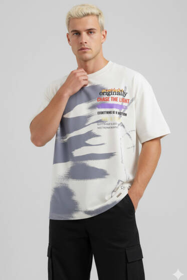 Yazı Baskılı Salaş Erkek T-shirt Taş - Erkek T-shirt