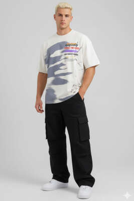 Yazı Baskılı Salaş Erkek T-shirt Taş - Erkek T-shirt