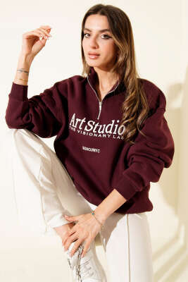 Yazı Nakışlı Fermuarlı Şardonlu Sweatshirt Bordo - HELLIE