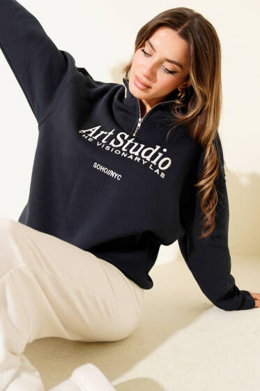 Yazı Nakışlı Fermuarlı Şardonlu Sweatshirt Lacivert - Kadın Giyim Modelleri