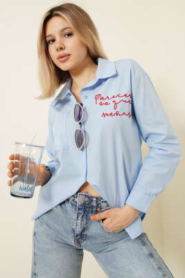 Yazı Nakışlı Tek Cepli Gömlek Mavi - Kadın Giyim Modelleri