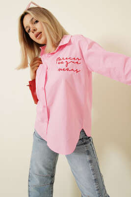 Yazı Nakışlı Tek Cepli Gömlek Pembe - DİVON