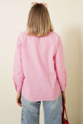 Yazı Nakışlı Tek Cepli Gömlek Pembe - Kadın Giyim Modelleri