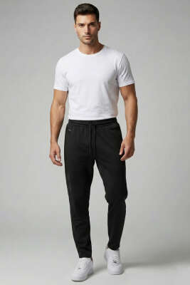 Yazılı Arka Cepli Erkek Eşofman Alt Siyah - Erkek Eşofman Alt