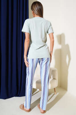 Yazılı Çizgi Detaylı Kısa Kol Pijama Takımı Mint - Kadın Pijama Takımı