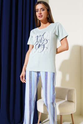 Yazılı Çizgi Detaylı Kısa Kol Pijama Takımı Mint - Kadın Pijama Takımı