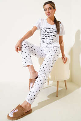 Yazılı Kalp Süslemeli Kısa Kol Pijama Takımı Beyaz