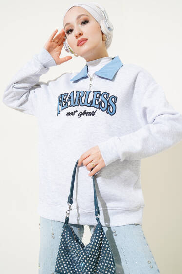 Yazılı Kot Yaka Üç İplik Sweatshirt Gri - Tunik