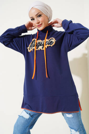 Yazılı Yanı Yırtmaçlı Tunik Lacivert - Tunik