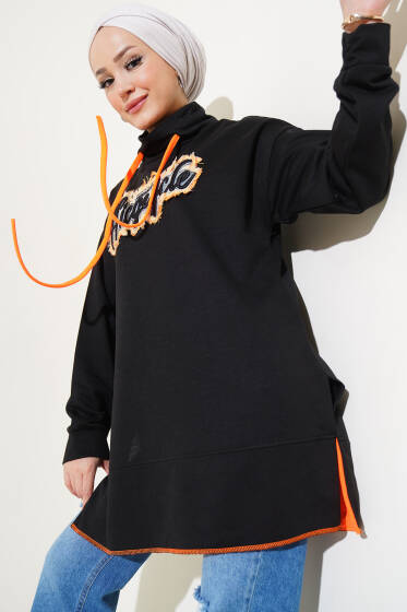 Yazılı Yanı Yırtmaçlı Tunik Siyah - Tunik