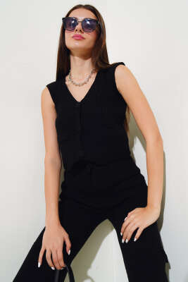 Yelekli Basic Triko İkili Takım Siyah - Kadın Giyim Modelleri