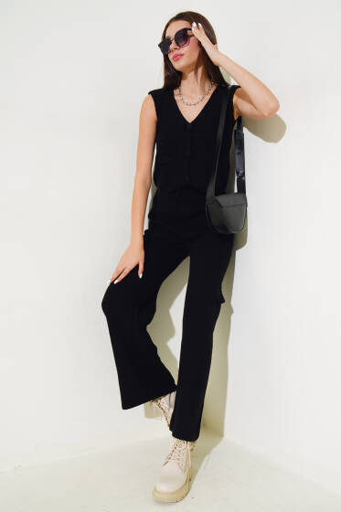 Yelekli Basic Triko İkili Takım Siyah - Yeni Giyim