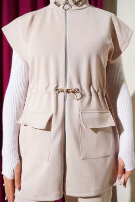 Yelekli Bel Lastik Detaylı İkili Takım Bej - İkili Takım