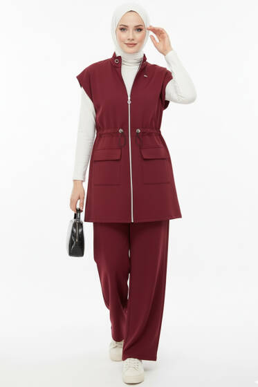 Yelekli Bel Lastik Detaylı İkili Takım Bordo - İkili Takım